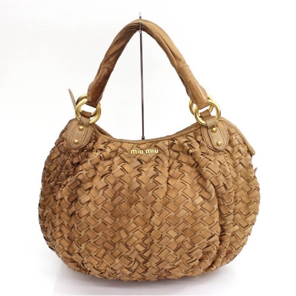 Miu Miu - Light Brown Woven Shoulder Bag with Rounded Shape and Pleated Top